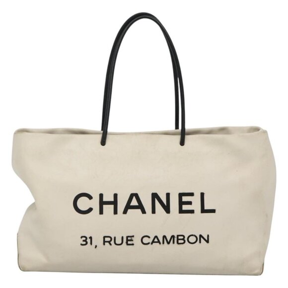 CHANEL Tote Bag Leather White Silver CC Auth ac3702 - Picture 1 of 16